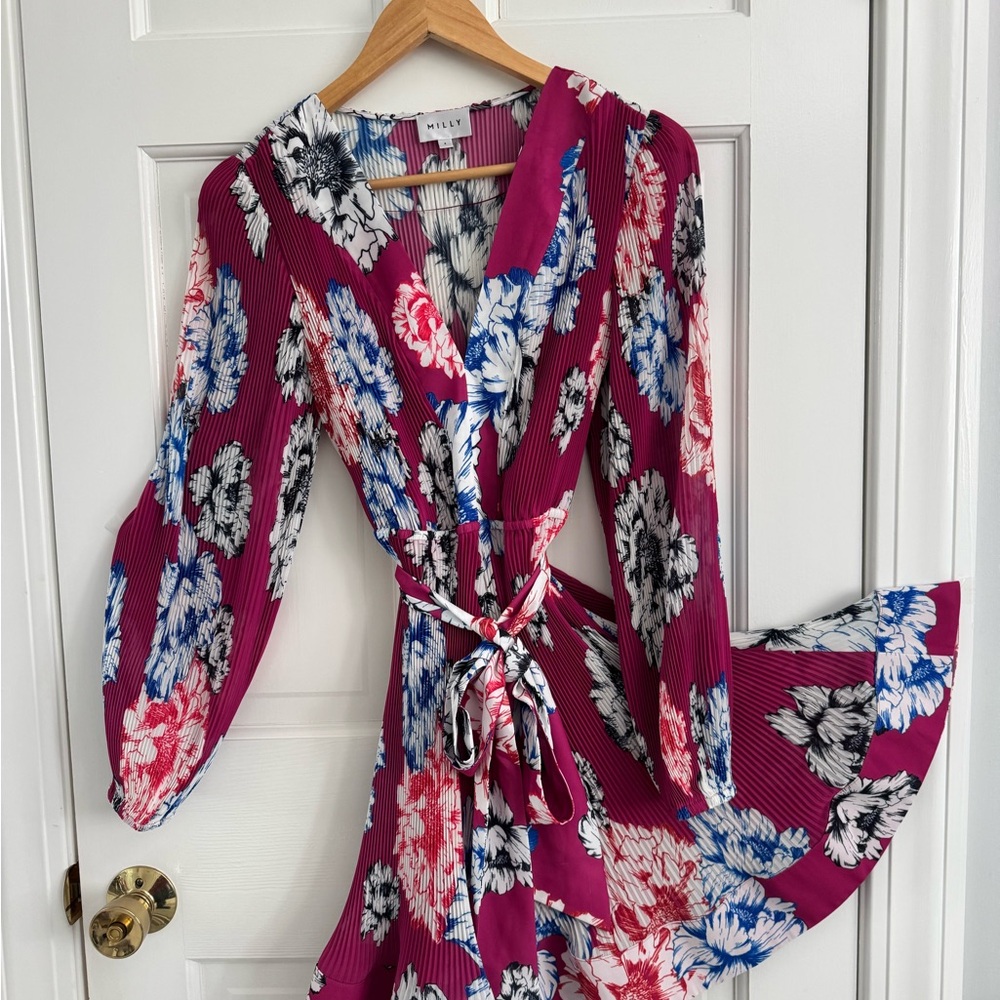 Milly Pink and Blue Floral Dress Liv Petals In Bloom Pleated Minidress - Picture 8 of 10